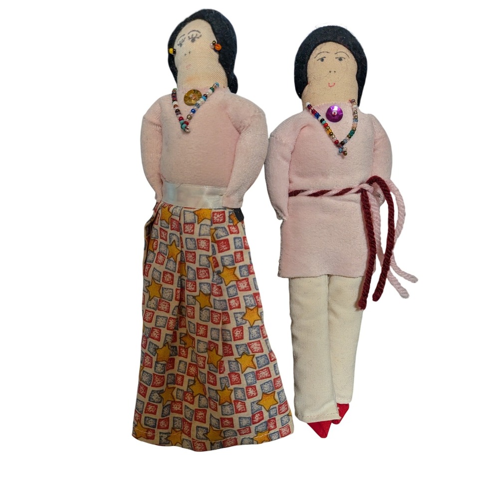 Vintage Handmade Folk Art Cloth Dolls Pair Beaded Cultural Traditional Figures